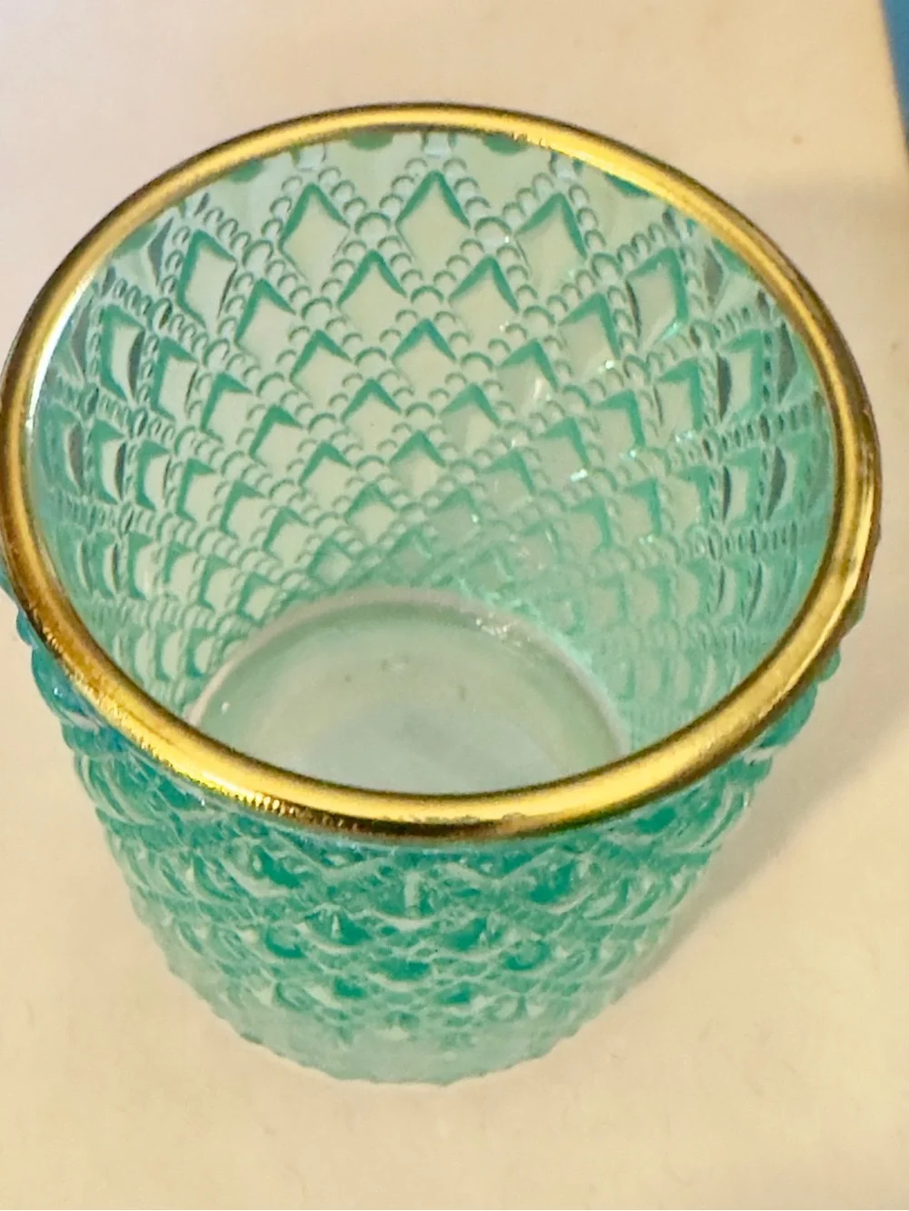 Teal Textured Glass Candle Holder with Gold Rim